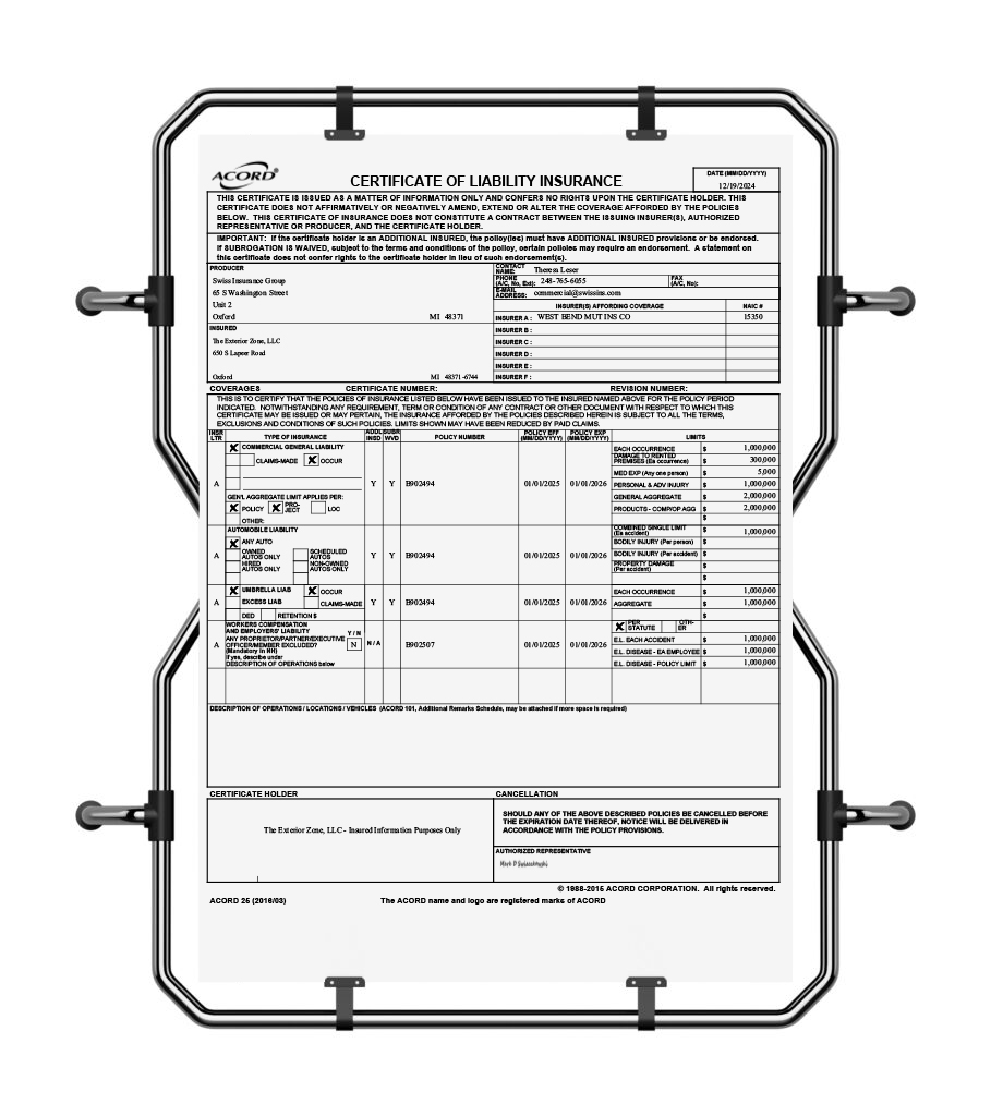 Framed certificate outlining The Exterior Zone’s liability, auto, and workers' compensation insurance coverage.